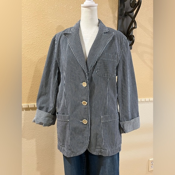 Jones New York Sport blue & white striped denim jacket 100% cotton. 3 pockets. L - Picture 4 of 13